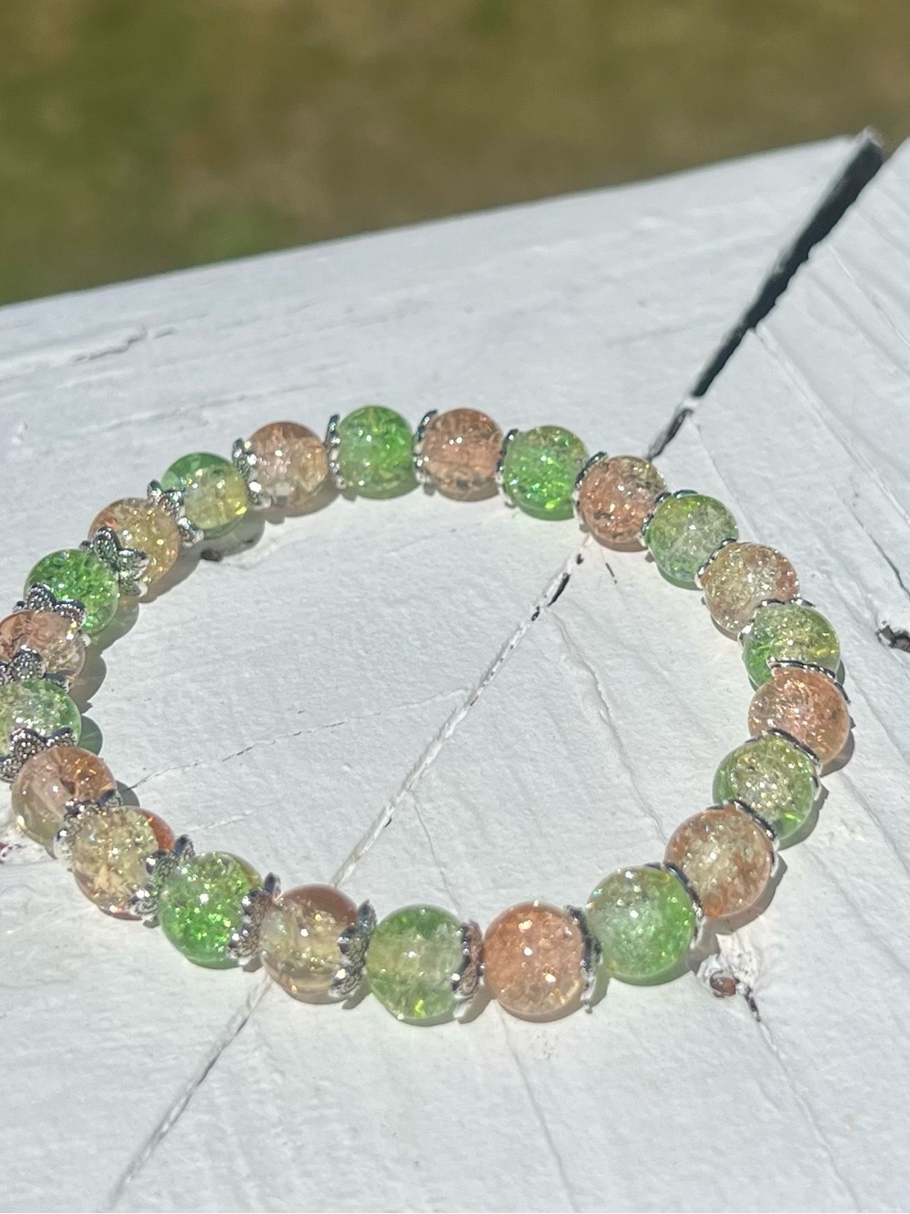 Elegant Green & Peach Sparkle  Glass Bead Bracelet - Handmade 🩵